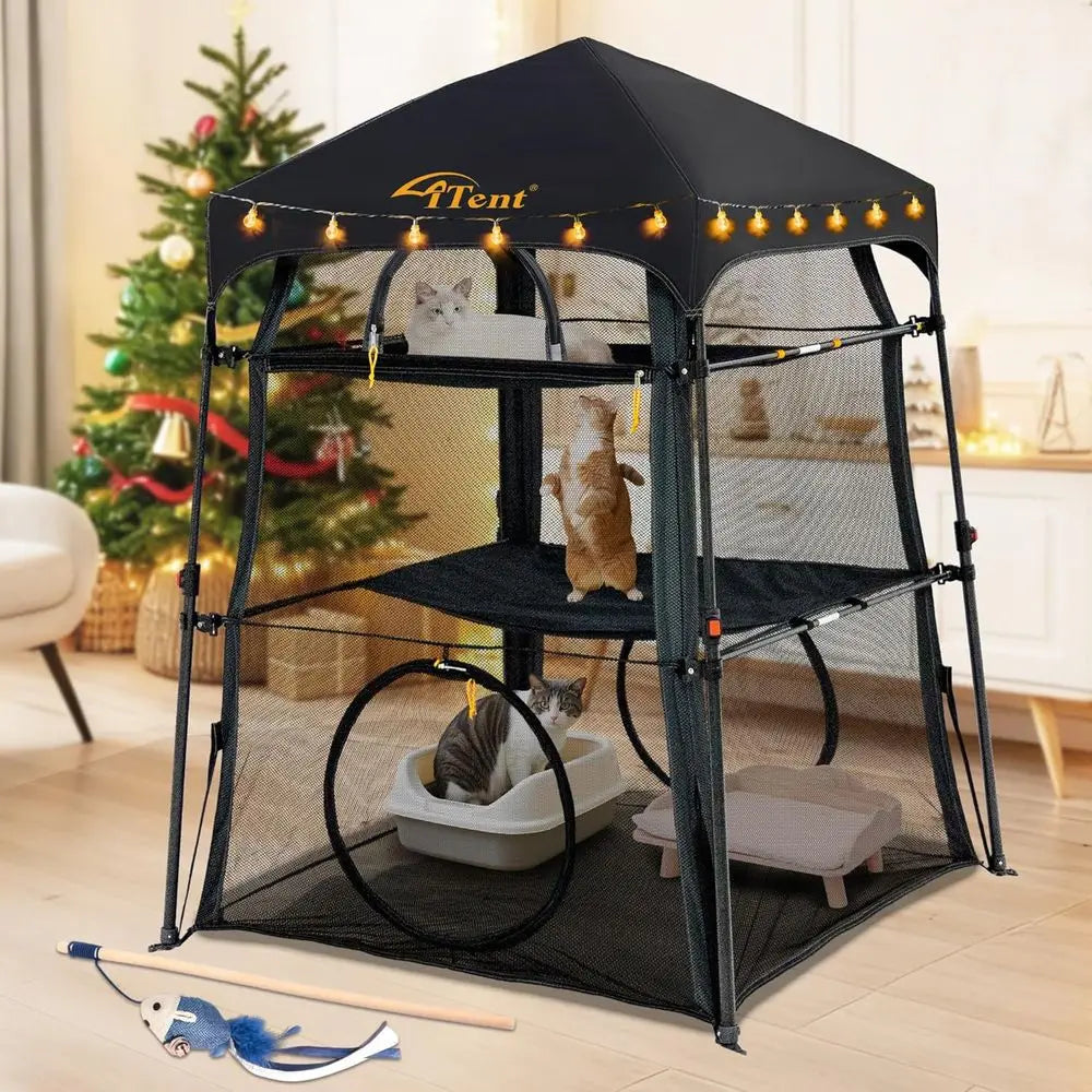 X-Large Foldable 3-Tier Cat Enclosure with Indoor/Outdoor Use, Portable Catio, and Dual Door Design