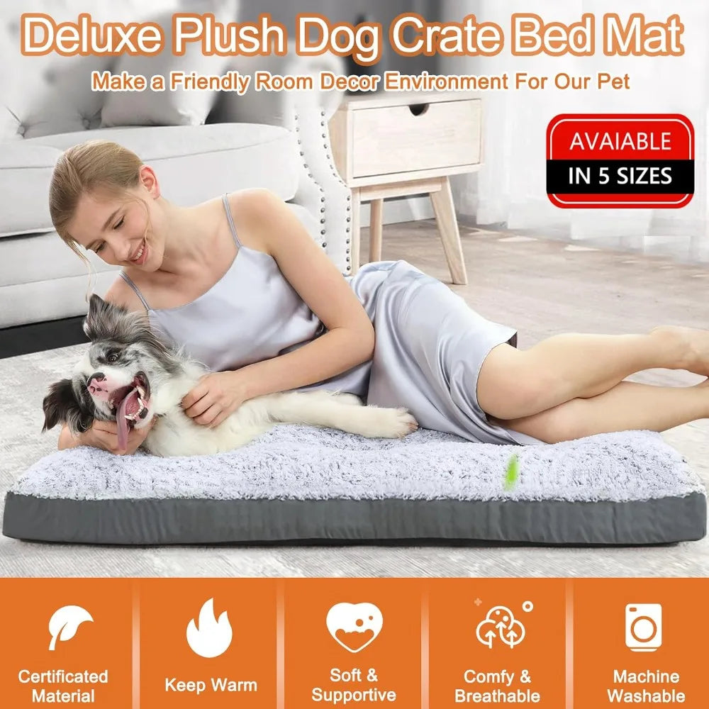 Deluxe Washable Dog Bed for Large Dogs, 35 x 23 Inch Crate Mat, Comfy Fluffy Kennel Pad, Anti-Slip, Grey