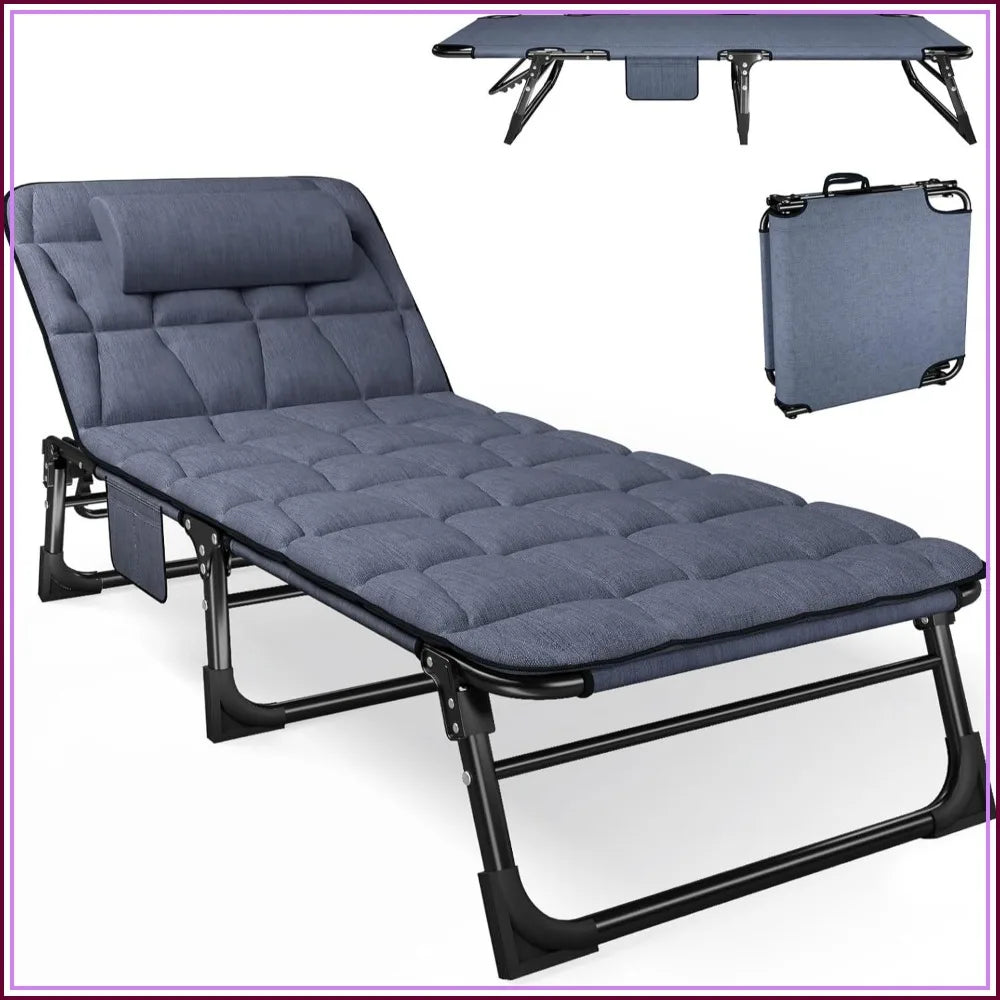Folding Camping Cot with Padded Mattress & Pillow, 4-Position Reclining, 500lbs Capacity, Blue