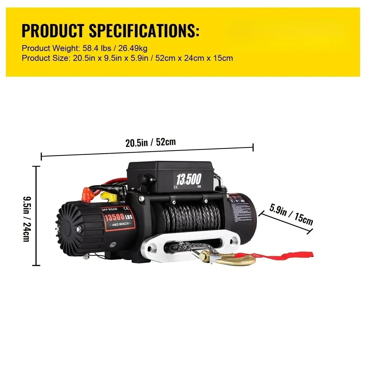 13500 LBS 12V Electric Winch Synthetic Tow Rope Winch 24M/92FT Lifting Hoist for 4X4 Car Trailer ATV Truck Off Road Boat
