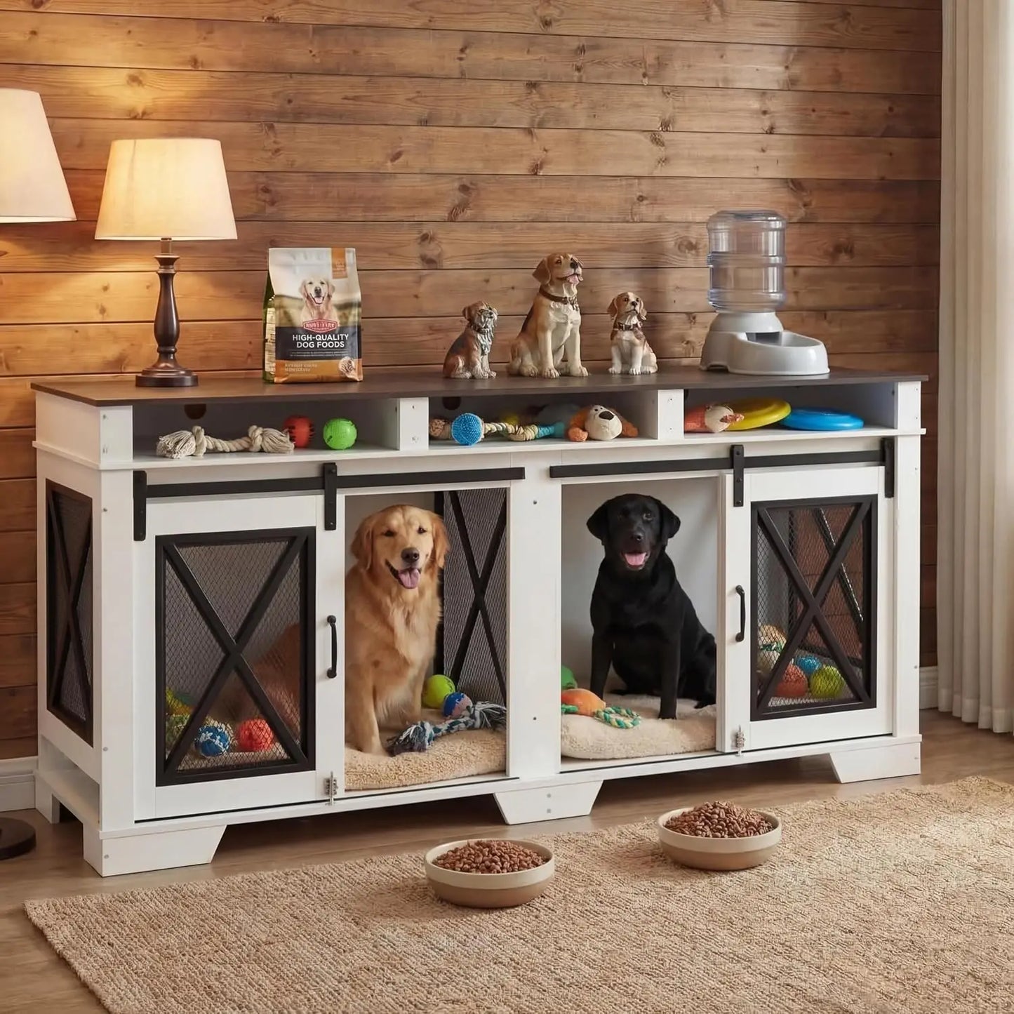 71" Double Dog Crate Furniture with Sliding Doors, Wood & Metal Dog Cage with Divider, Large Dog Kennel, Indoor Crate TV Stand