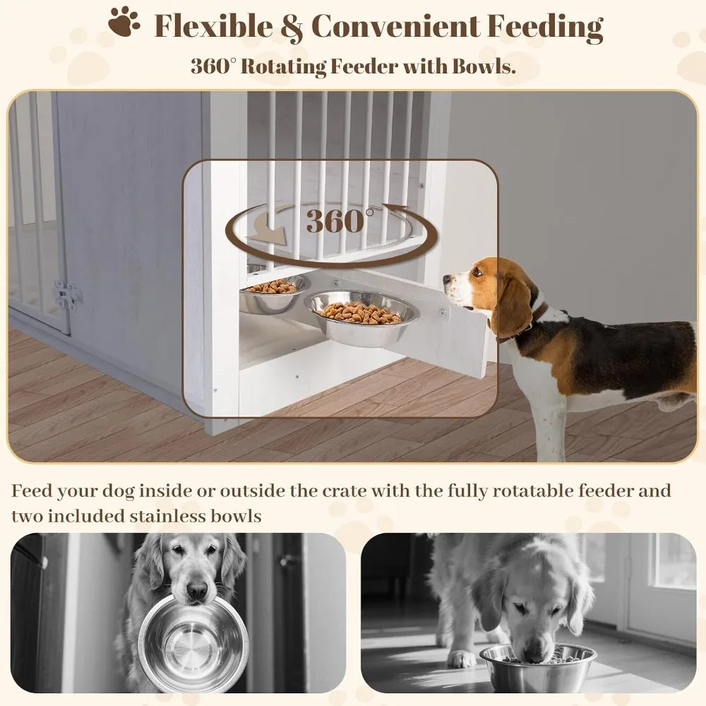 36" Wooden Dog Crate Furniture for Large Dogs, 270° Swivel Door, 360° Rotating Feeder, Double Locks, White