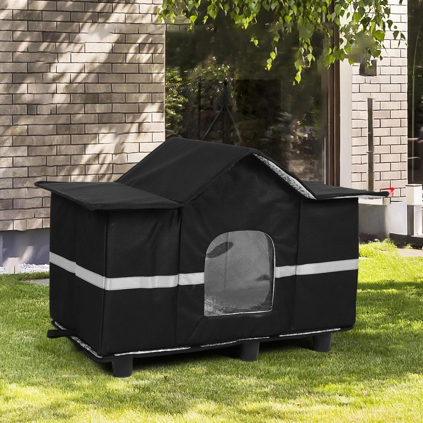 Waterproof Outdoor Elevated Pet House & Roof Window Insulated Cat Shelter Feral Cat House for Stray/Barn Cats with Cozy Cushion