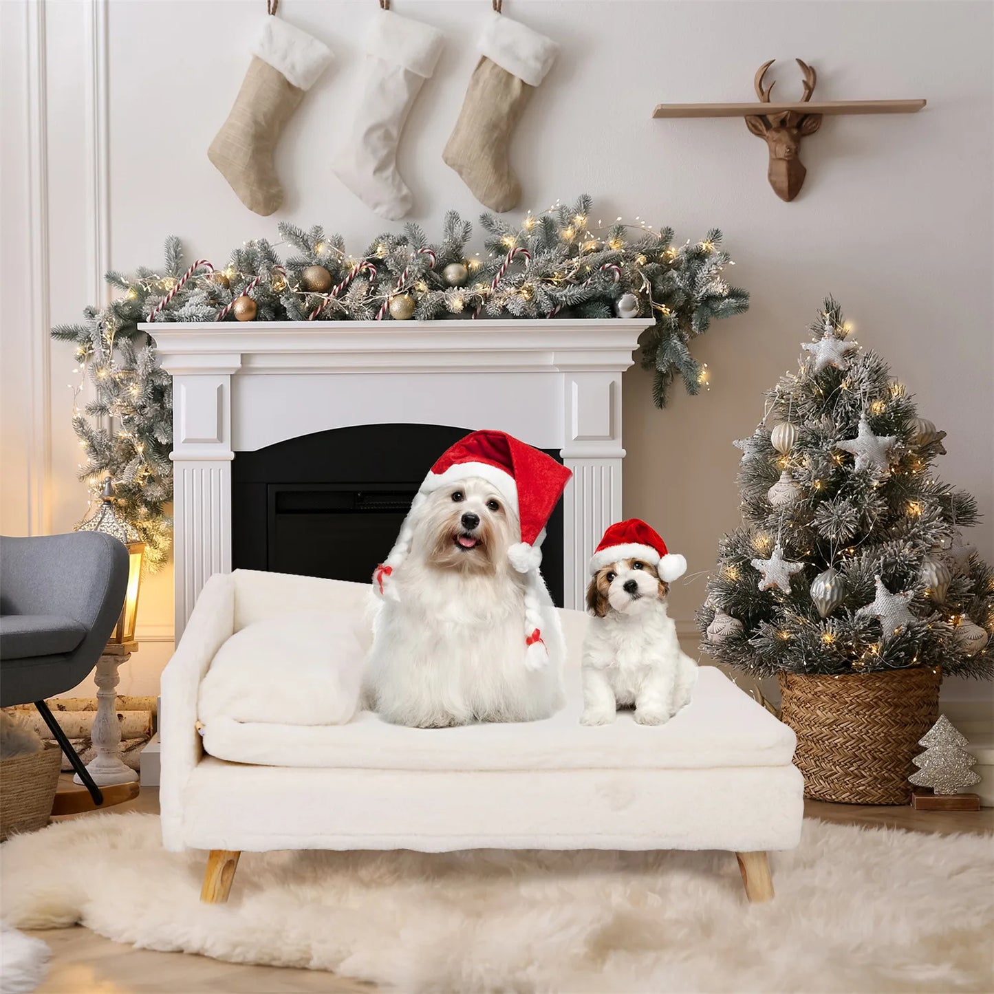 Elevated Pet Bed, Nordic Pet Stool Bed with Cozy Pad Waterproof, Pet Sofa Bed with Sturdy Wood Legs for Small Dog Kitten