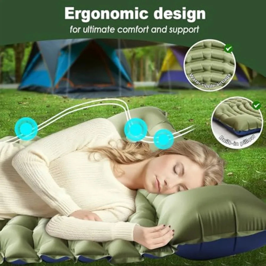Double Sleeping Pad for Camping - Ultralight Camping Mattress with Pillow Built-in Feet Pump Compact Inflatable 2-Person Portable