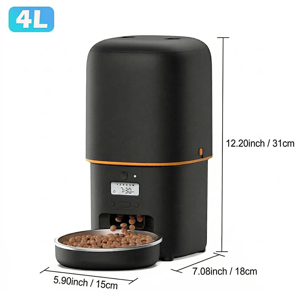 4L Automatic Cat Feeder, Smart Pet Food Dispenser with Key Control, Voice Recorder, Dual Power Supply, Timed Auto Dog Feeder with Stainless Steel Bowl