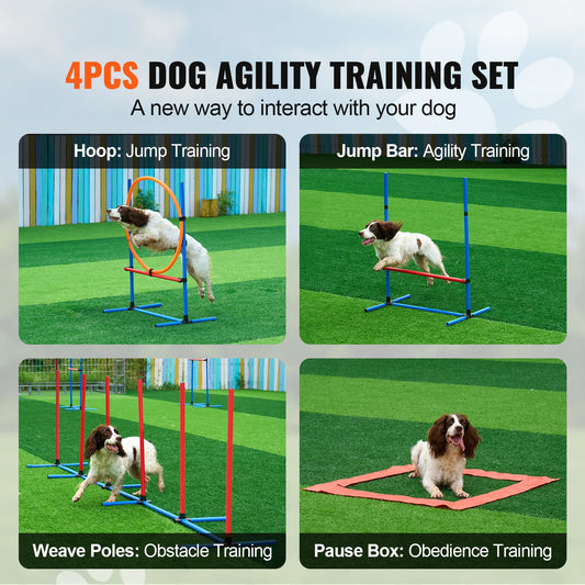 Dog Agility Training Equipment 4 PCS Set with Adjustable High Hurdles 6 Weave Poles, Jump Ring, Square Pause Box Whistle