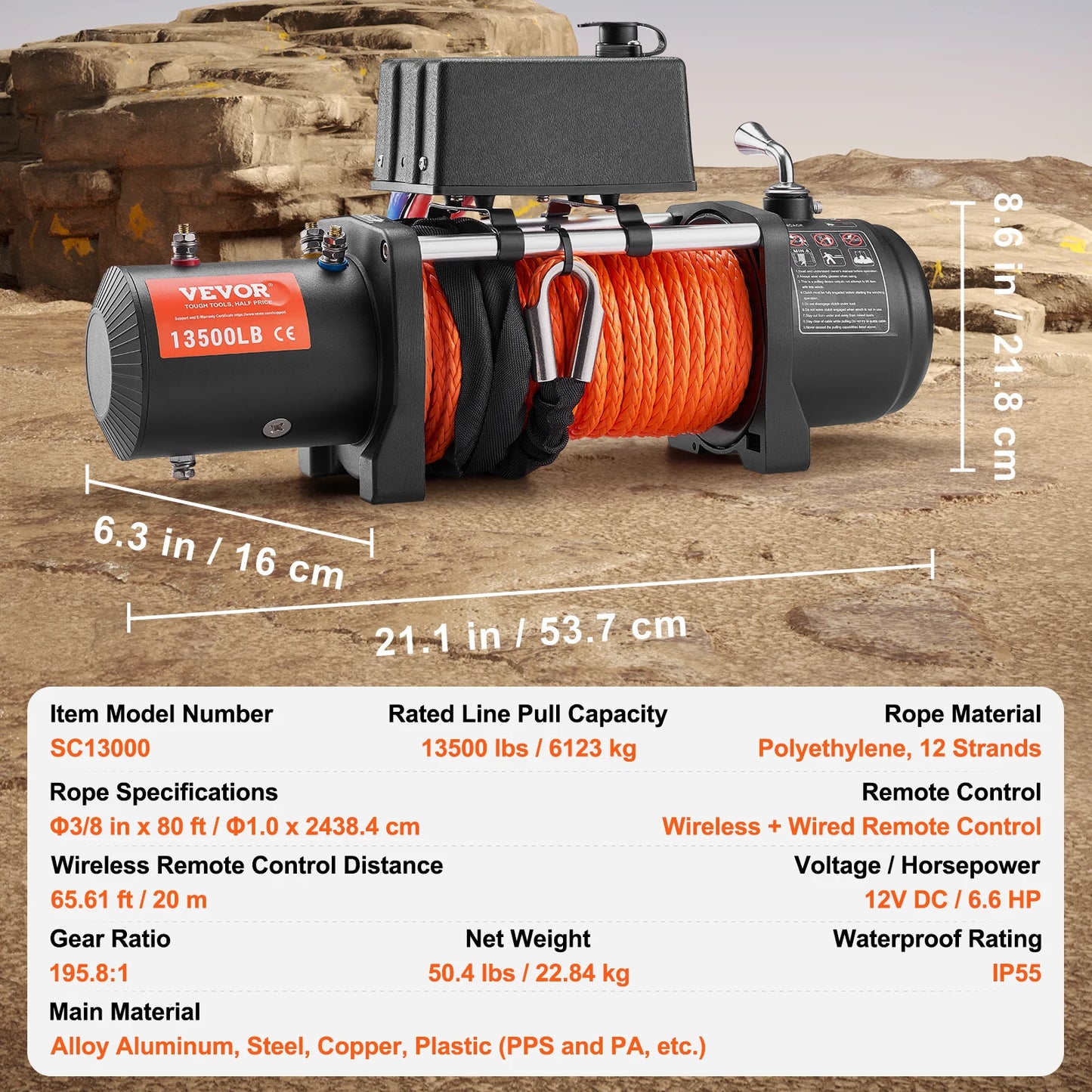 13500lbs Electric Winch Car Truck Winch with 80ft Synthetic Rope Wireless & Wired Remote Control for Towing Off-Road