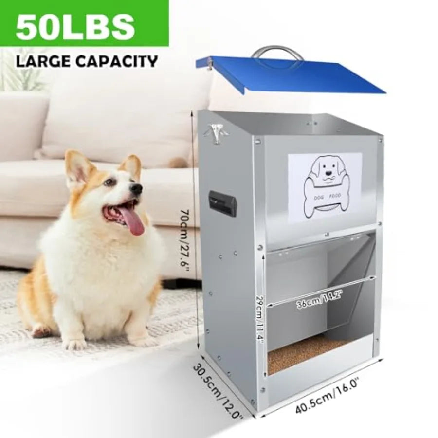 Automatic Dog Feeder Galvanized Metal Pet Food Station for Indoor and Outdoor Use 50LBS Capacity Automatic Food Dispenser