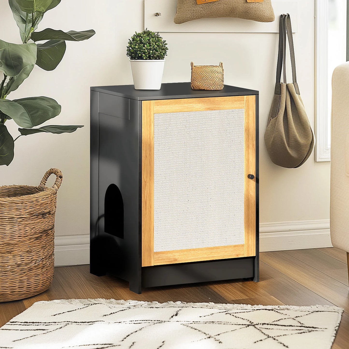 Black Cat Litter Box Enclosure, Hidden Litter Cabinet with Sisal Door, Multi-Functional Kitty End Table