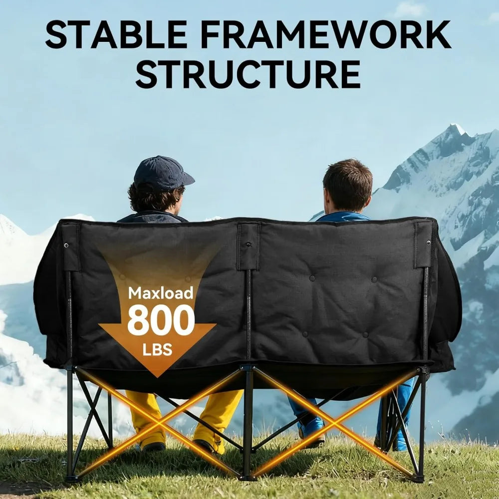 Double Camping Chair Heavy Duty 2 Person Padded with Cup Holders Support 800LBS Black