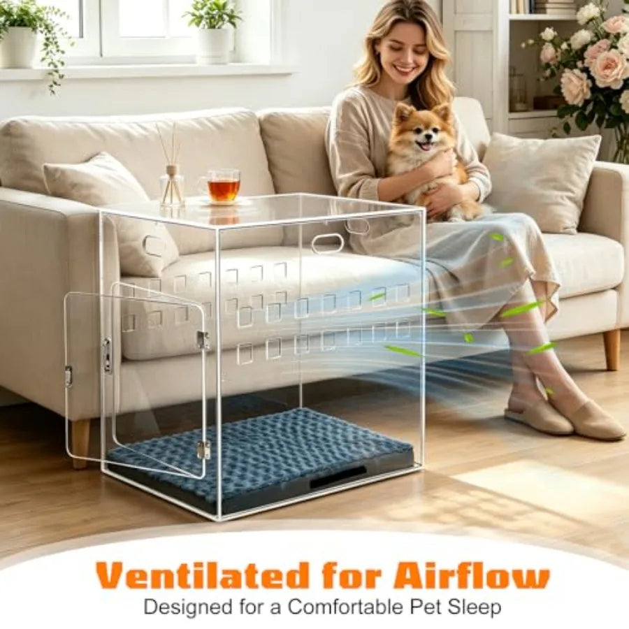 Acrylic Dog House, 27.5" L x 20" W x 24.5" H Clear Indoor Dog Crate Furniture for Small and Medium Dogs, Modern Transparent Pet