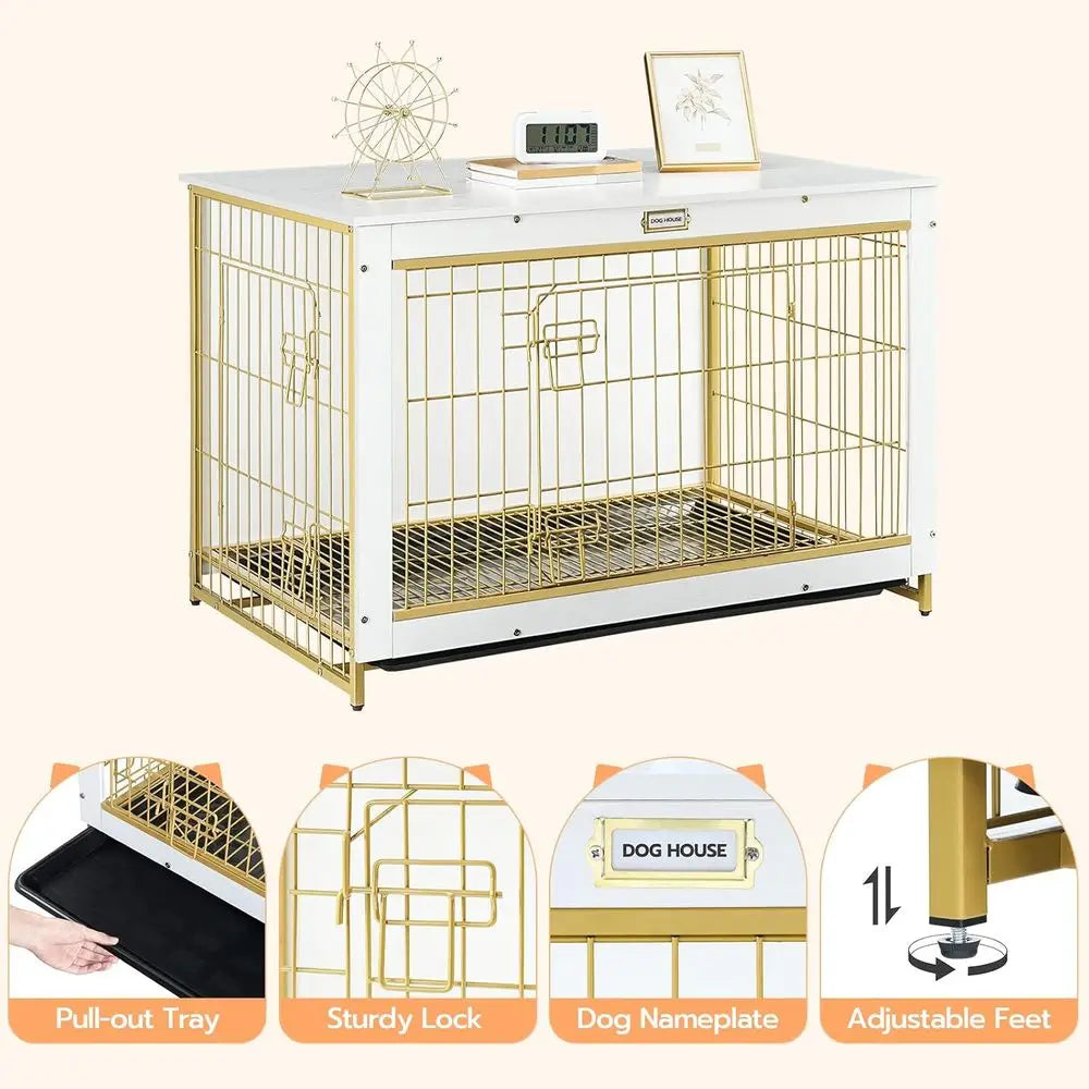 Dog Crate Furniture, 38.6" Large Dog Kennel Indoor, Wooden Cage with Pull-Out Tray, Double Doors Pet House Side End Table for Large Dog