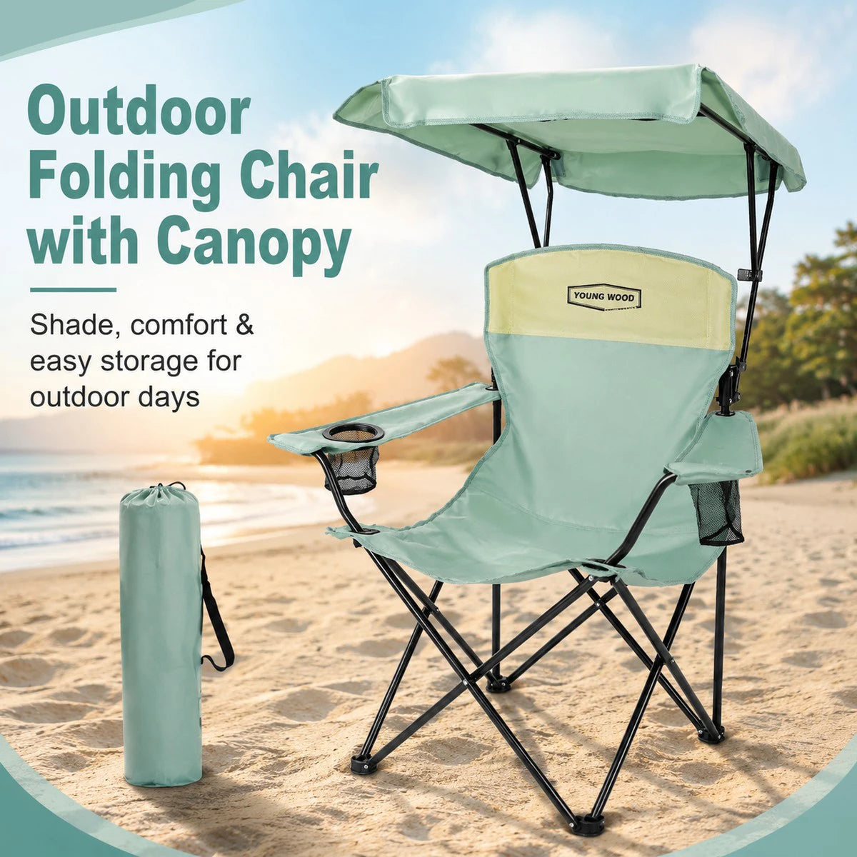 Portable Beach Chair with Cup Holder & Side Pocket, Duty Lawn Chair with Carry Bag for Camping, Beach, Fishing, Patio, Hiking, Outdoor Folding Camping Chair with Adjustable Canopy