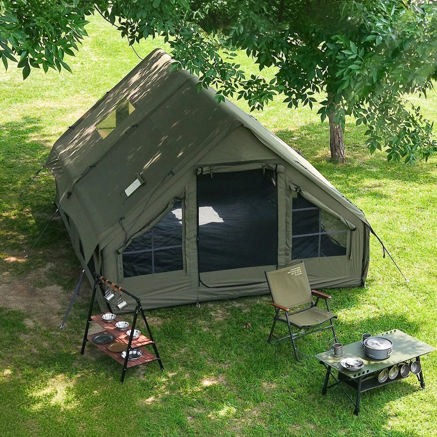 Army Green Waterproof Windproof Inflatable Tent for Camping, 4 Season Air Glamping Tent House with Chimney Opening, AC Vent