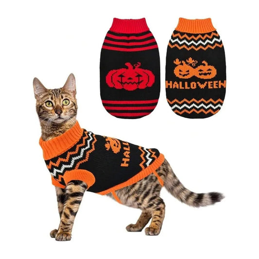 【New style】2-Pack Halloween Dog Sweater Cat Pumpkin Knitwear Clothes Costume With Cute Pumpkin Pattern Pet Warm Halloween Strip