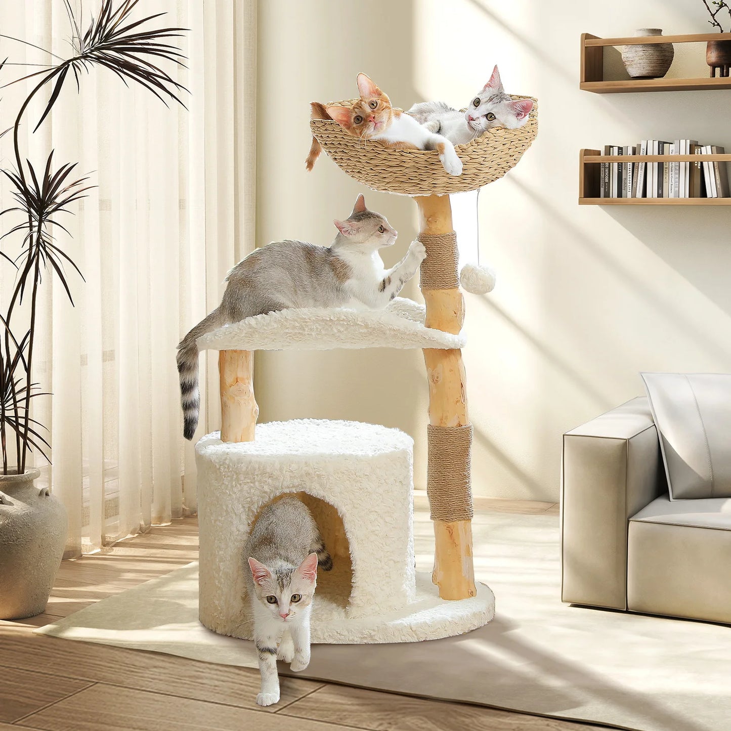 Functional Modern Cat Tree Tower with Large Woven Wicker Basket,Cozy Hammock,Natural Solid Wood Scratching Post, Cat Accessories