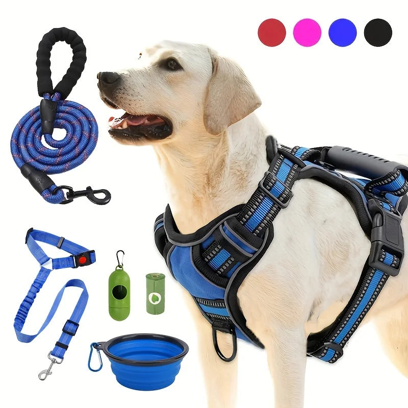 6 in 1 No-Pull Dog Harness And Leash Set Adjustable Reflective No-Choke Pet Oxford Vest with 2 Leash Clips And Easy Control Handl