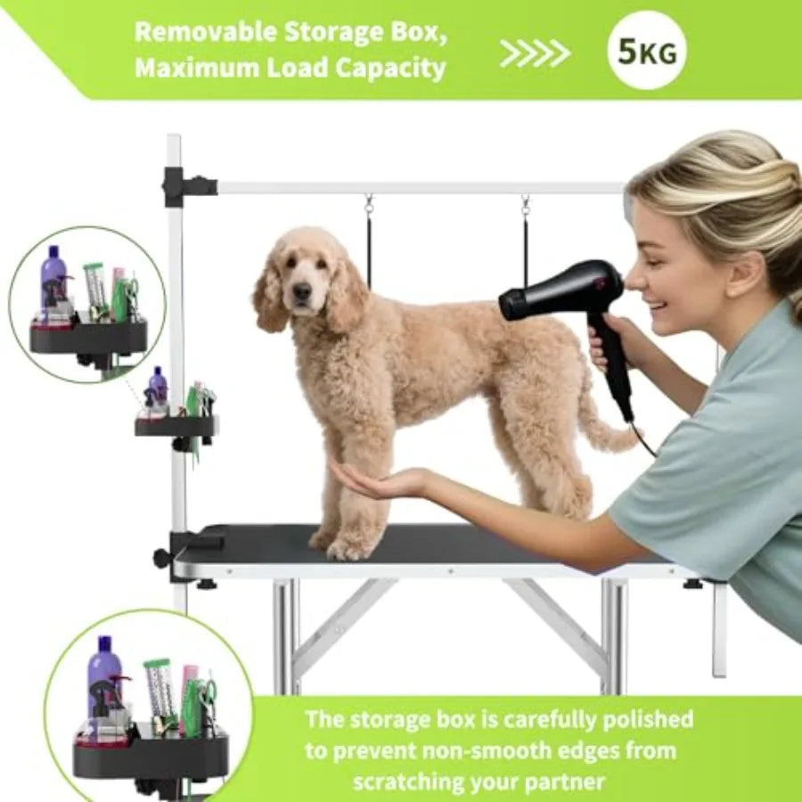 36" Stainless Steel Dog Grooming Table Foldable Pet Grooming Stand with Adjustable Arm 2 Nooses 2 Storage Baskets Anti-Slip