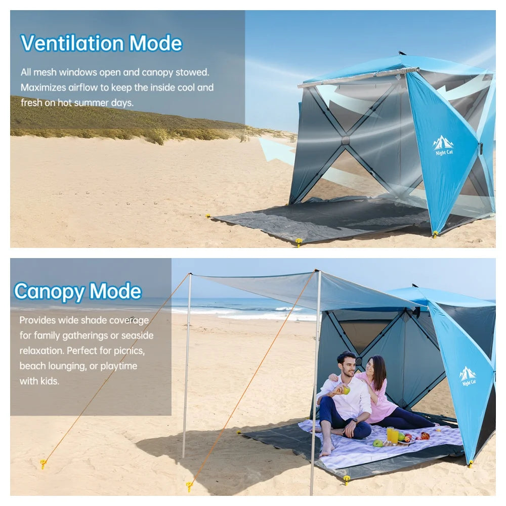 Pop-up Beach Tent: 3-4 Persons Beach Shelter with Canopy and Footprint, UPF 50+ UV Protection Backyard Camping Outdoor Canopy Poles Not Included