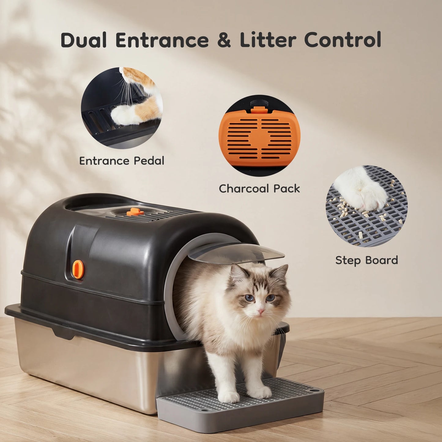 24 Inch Stainless Steel Cat Litter Box with Fully Enclosed 30L Large Cat Litter Box for Big Cats, Cat Box Scoop and Mat Included