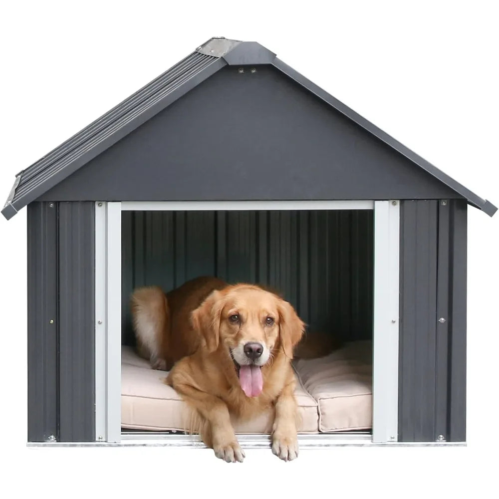 34 X 38 X 35 Inch Metal Dog House, Indoor Outdoor Doghouse for Medium Large Dogs, Weatherproof Puppy Shelter, Sturdy and Long-Lasting