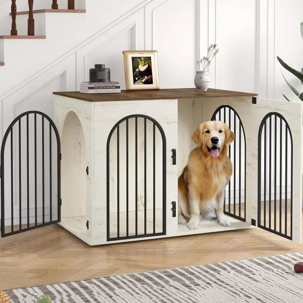 Wooden Dog Crate Furniture, Indoor Kennel for Small to Large Dogs, Heavy Duty Decorative Pet House with Side Table, White and Brown