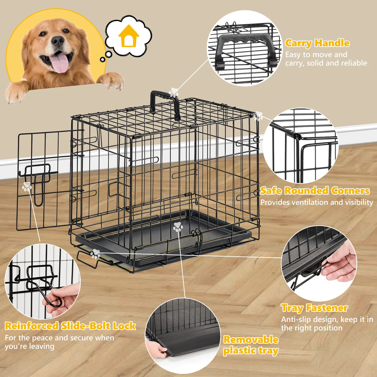 18 Inch Single-Door Dog Crate Metal Pet Kennel with Secure Lock Foldable Removable Tray for Easy Cleaning Portable Puppy Cage for Small Dogs