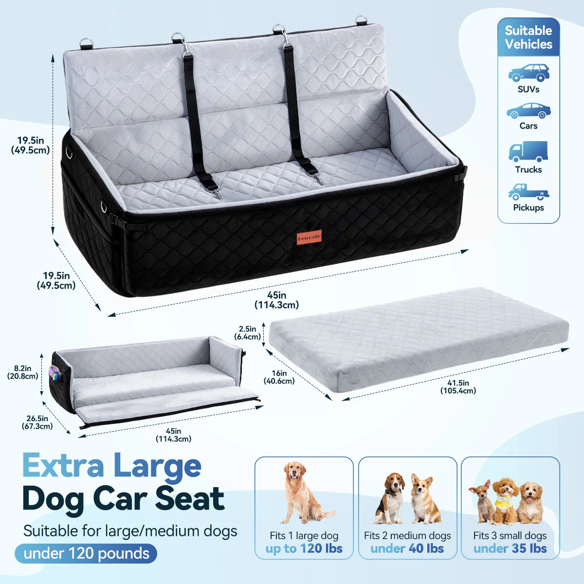 Extra Large Dog Car Seat, Dog Bed for Large Dogs Up to 120lbs Multi-Functional Dog Booster Seat with Thick Cushion & Leashes
