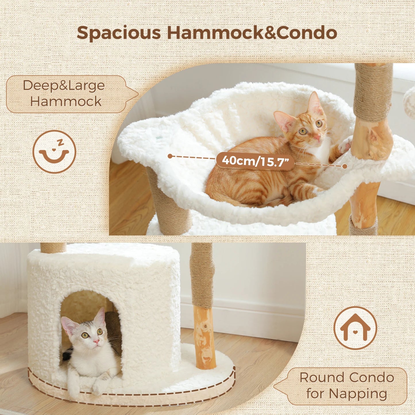 Functional Modern Cat Tree Tower with Large Woven Wicker Basket,Cozy Hammock,Natural Solid Wood Scratching Post, Cat Accessories