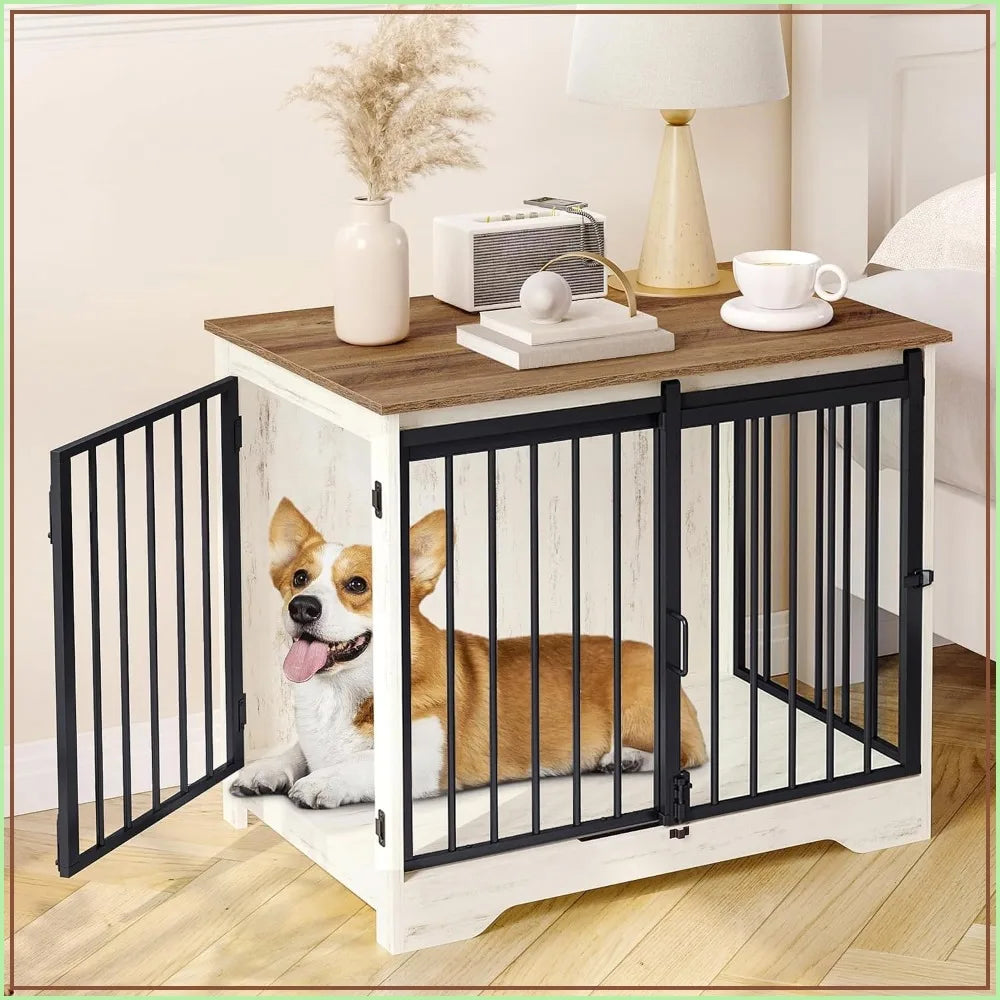 31.9" Wooden Dog Crate Furniture with Barn Door, Heavy Duty Indoor Kennel for Small Medium Dogs up to 44 lb, Anti-Chew Anti-Escape, White Brown