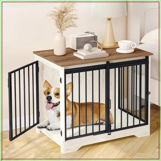 31.9" Wooden Dog Crate Furniture with Barn Door, Heavy Duty Indoor Kennel for Small Medium Dogs up to 44 lb, Anti-Chew Anti-Escape, White Brown