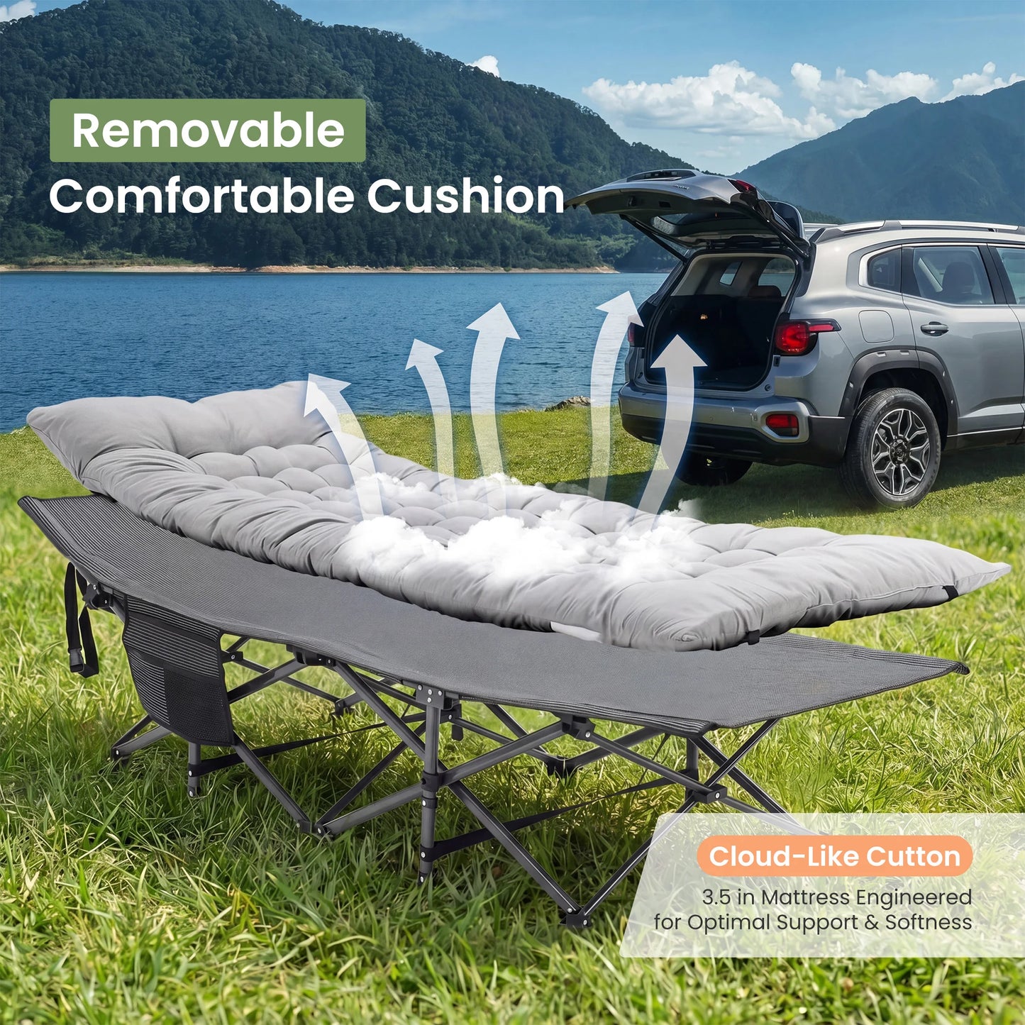 Folding Camping Makeshift Bed Beach Lounge Chair Portable 3.5'' Cushion 440 lbs Sturdy Frame Compact Carry With Storage Bed for Outdoor Camping Hiking