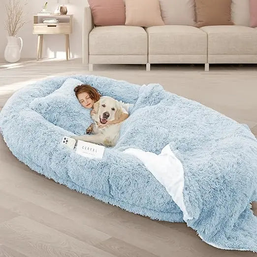 Oversized 71" x 45" x 12" Grey Memory Foam Dog Bed with Pillow, Blanket & Strap for Adults and Large Pets, Customized