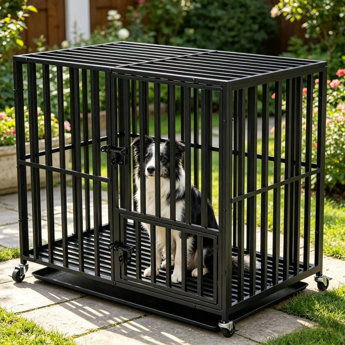 Large Heavy-Duty Dog Crate with 4 Lockable Wheels, 3 Doors, and Tray Metal Pet Kennel Cage Playpen for Medium, Large Dogs
