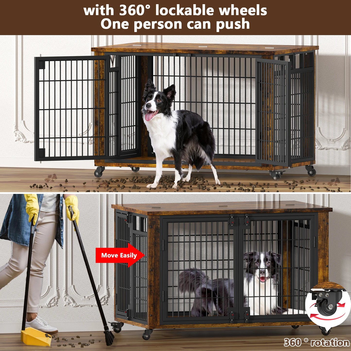 90% Pre-Assembled 41" Moveable XL Dog Crate, Large Dog Crate Furniture with Top-Access Teasing/Feeding Doors, Medium & Large Dogs