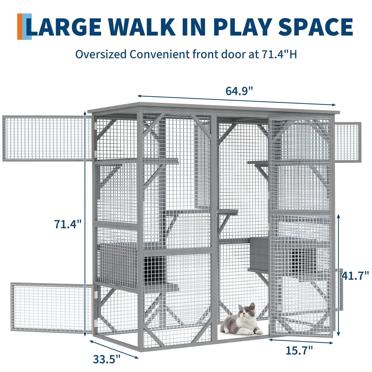 Extra Large Walk-in Catio Outdoor Enclosure Weather-Resistant Cedar Multi-Level House With Window & Locking Doors For Cats
