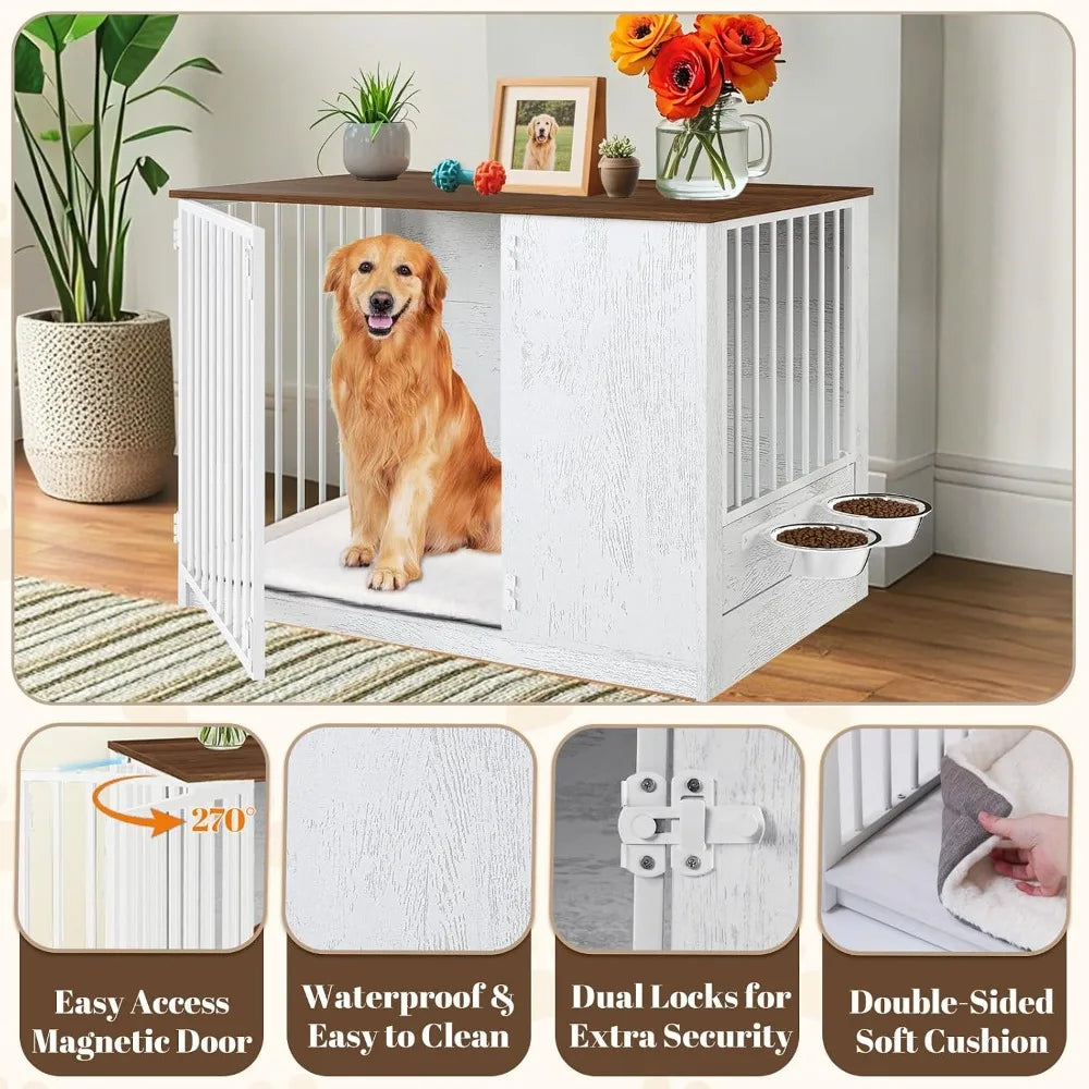 36" Wooden Dog Crate Furniture for Large Dogs, 270° Swivel Door, 360° Rotating Feeder, Double Locks, White