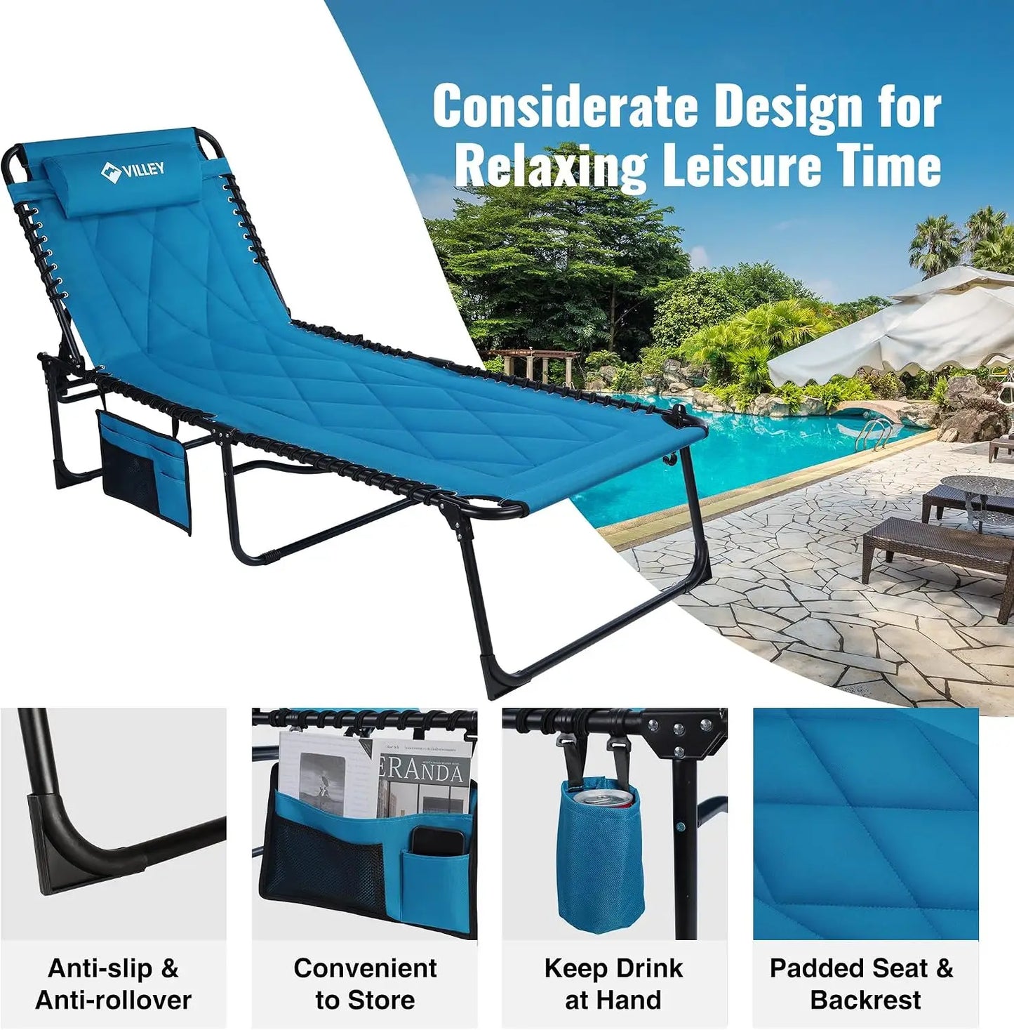 Oversized Padded Chaise Lounge with Cushion, Foldable Camping Cot, Patio Reclining Chair for Outdoor Indoor Backyard Garden Camping Relaxing Beach