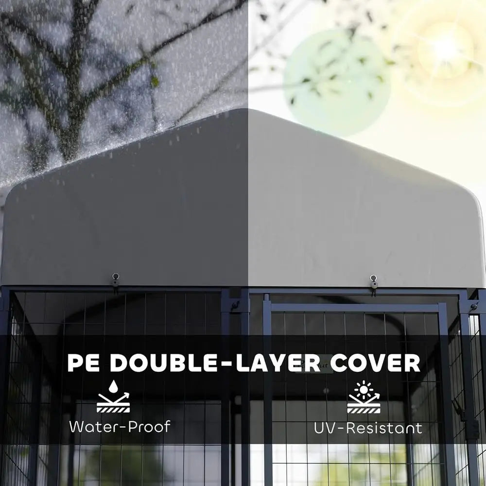4ft Outdoor Dog Kennel with Rotating Bowls, Adjustable Levels, Weather-Resistant Cover for Medium Breeds, Pets, and Poultry