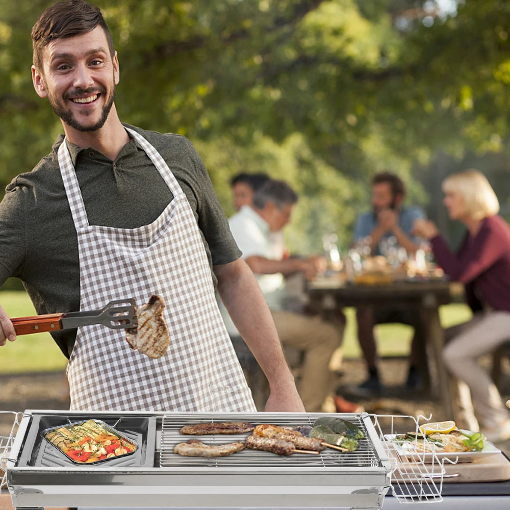Portable Stainless Steel BBQ Grill with 2 Stainless Steel Grids Carbon Mesh Baking Tray for Home Outdoor Camping Silver