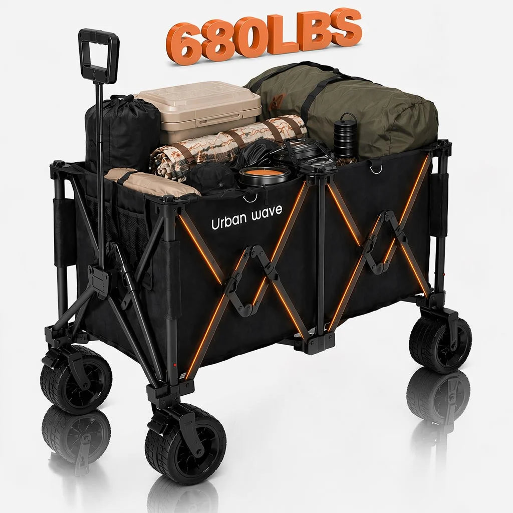 Heavy-Duty Folding Beach Cart - 680 LBS Capacity, LargeAll-Terrain Sand Wheels, Cup Holder, 360° Maneuverability -Ideal for Camping, Gardening, Outdoor Sports Equipment Transport