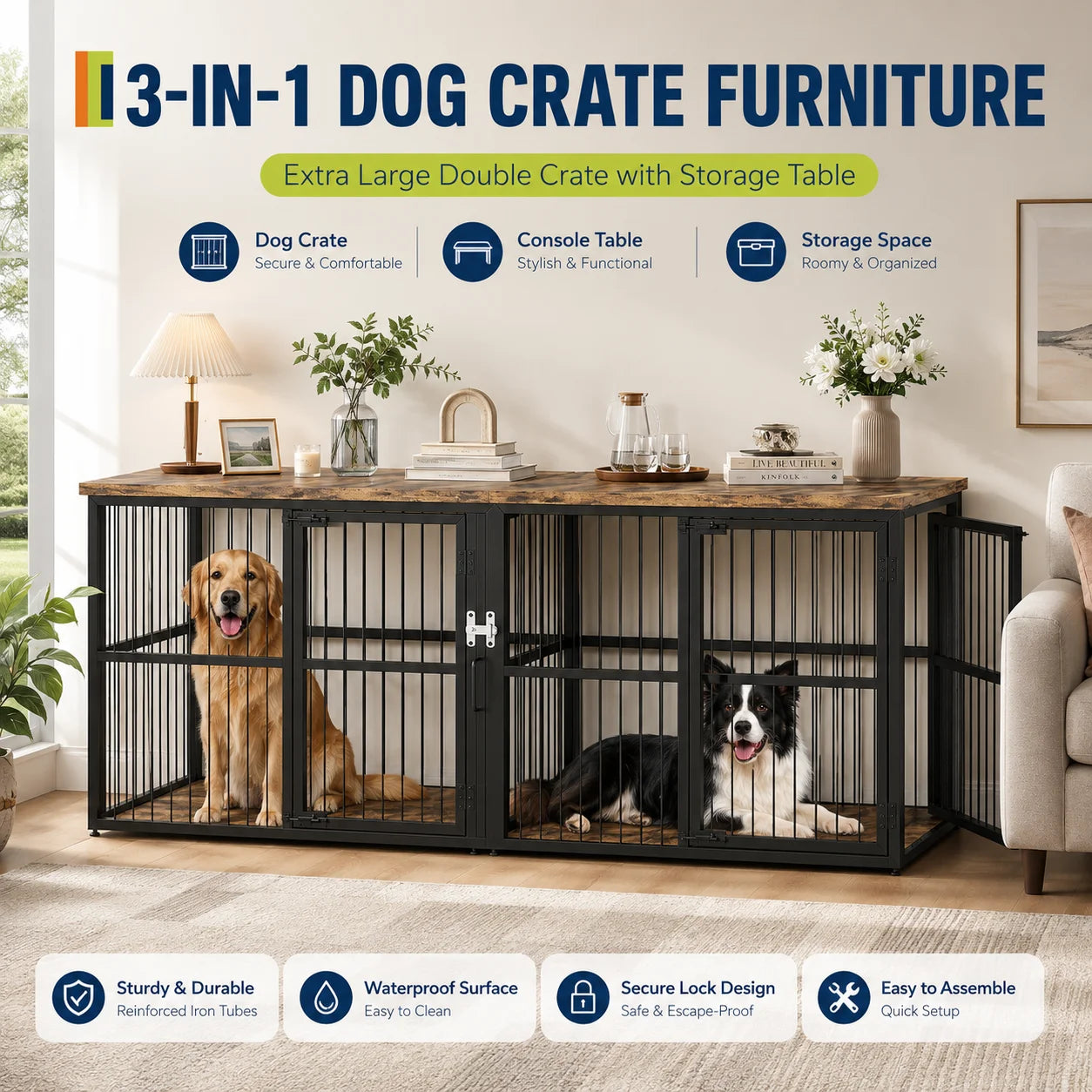 87 Inch Extra Large Double Dog Crate Furniture with Divider 3 Doors Heavy Duty Wooden Indoor Dog Kennel Cabinet TV Stand for 2 Dogs Lockable Pet House with Storage Table