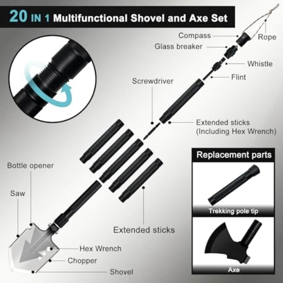 20 in 1 Multitool Survival Kit Camping Shovel Military Axe 55" Trekking Pole Foldable Spade with Portable Bag and Hatchet