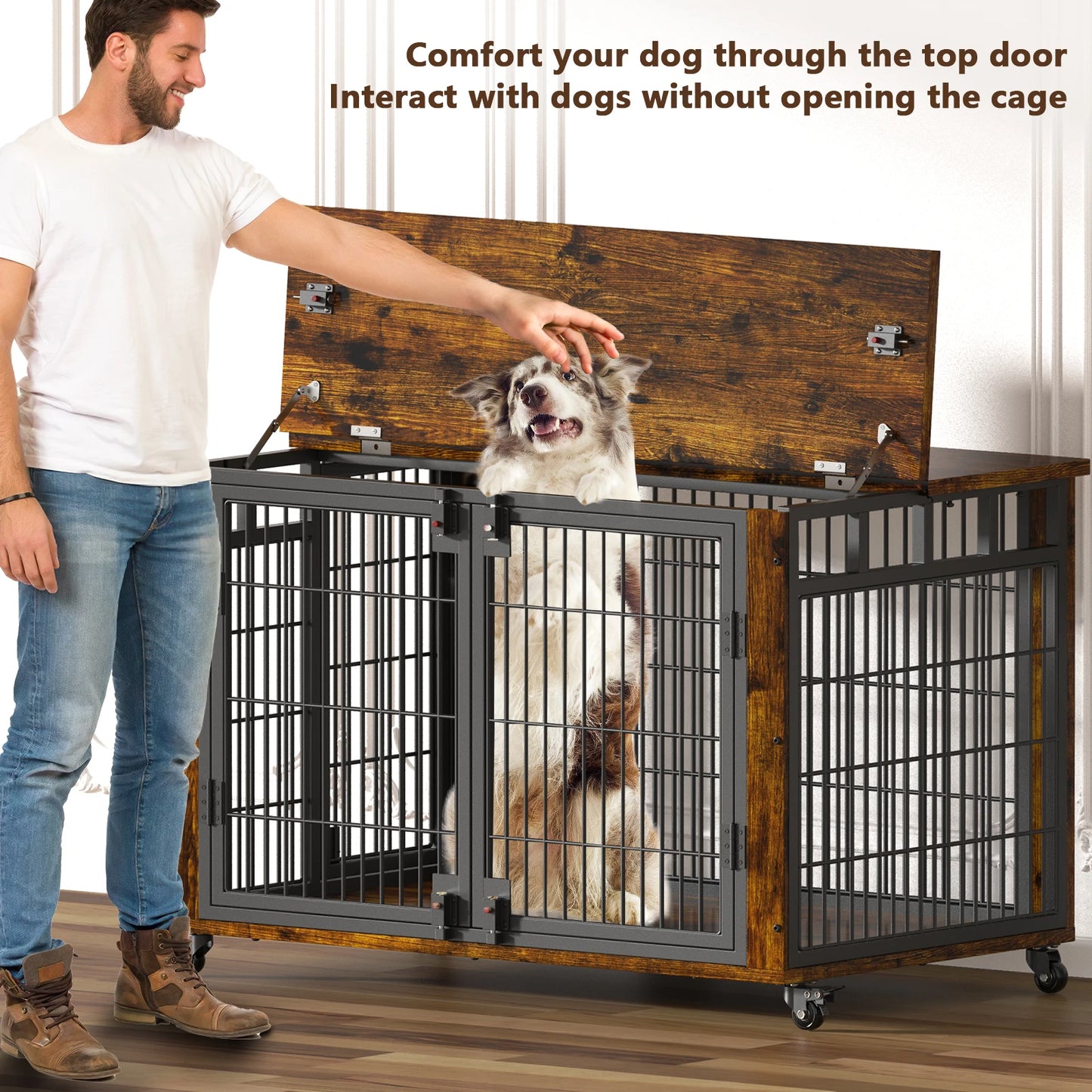 90% Pre-Assembled 41" Moveable XL Dog Crate, Large Dog Crate Furniture with Top-Access Teasing/Feeding Doors, Medium & Large Dogs