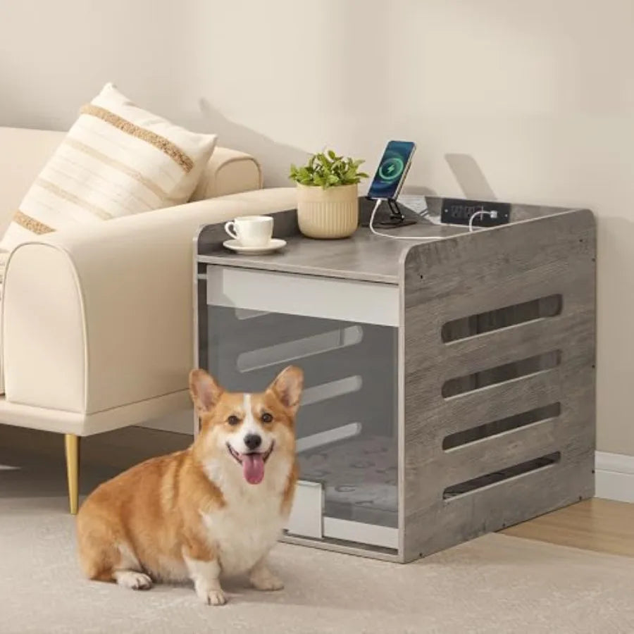 Modern Dog Crate Furniture with Charging Station, Medium Kennel Indoor with Flip-up Hidden Acrylic Door, for Small and Medium Dogs