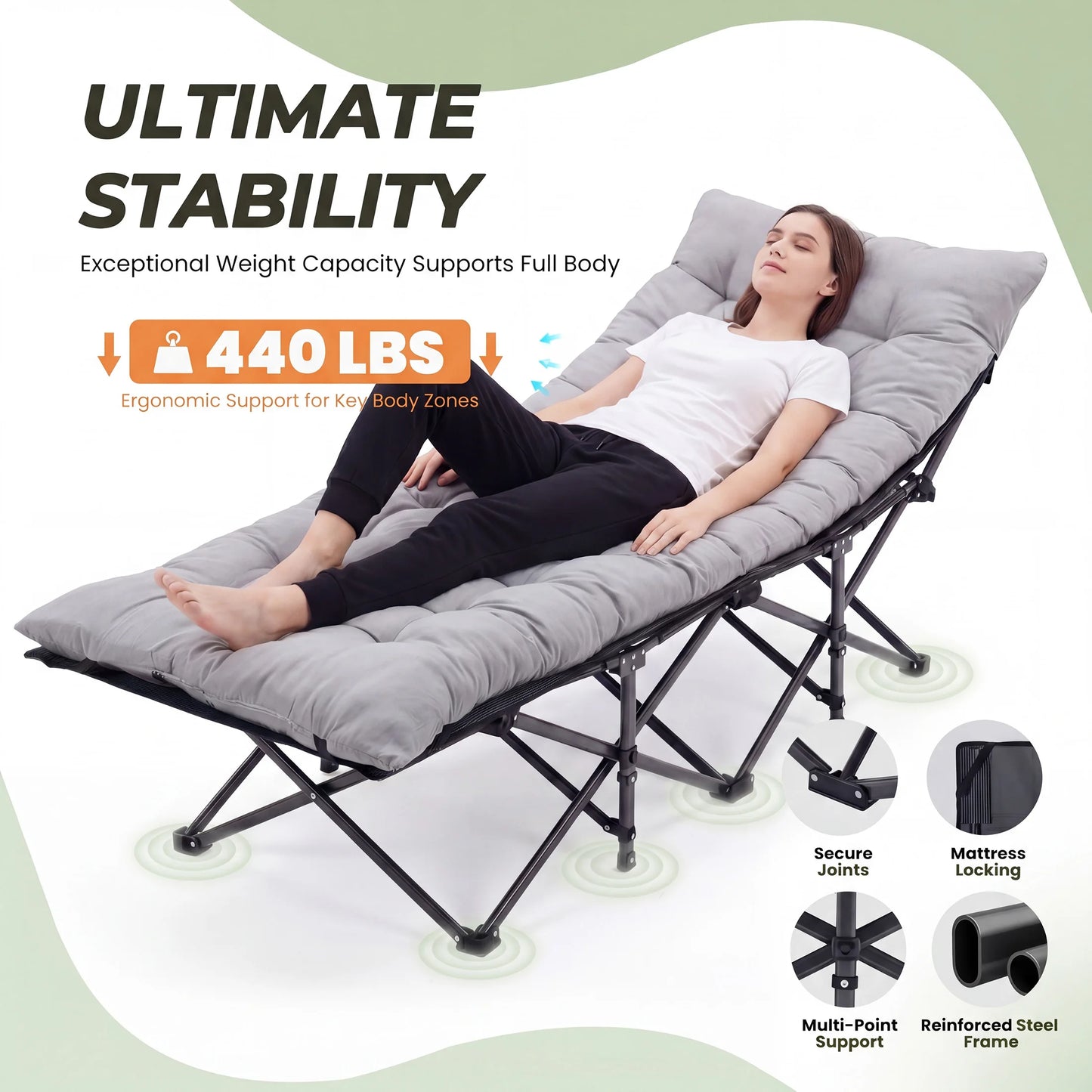 Folding Camping Makeshift Bed Beach Lounge Chair Portable 3.5'' Cushion 440 lbs Sturdy Frame Compact Carry With Storage Bed for Outdoor Camping Hiking