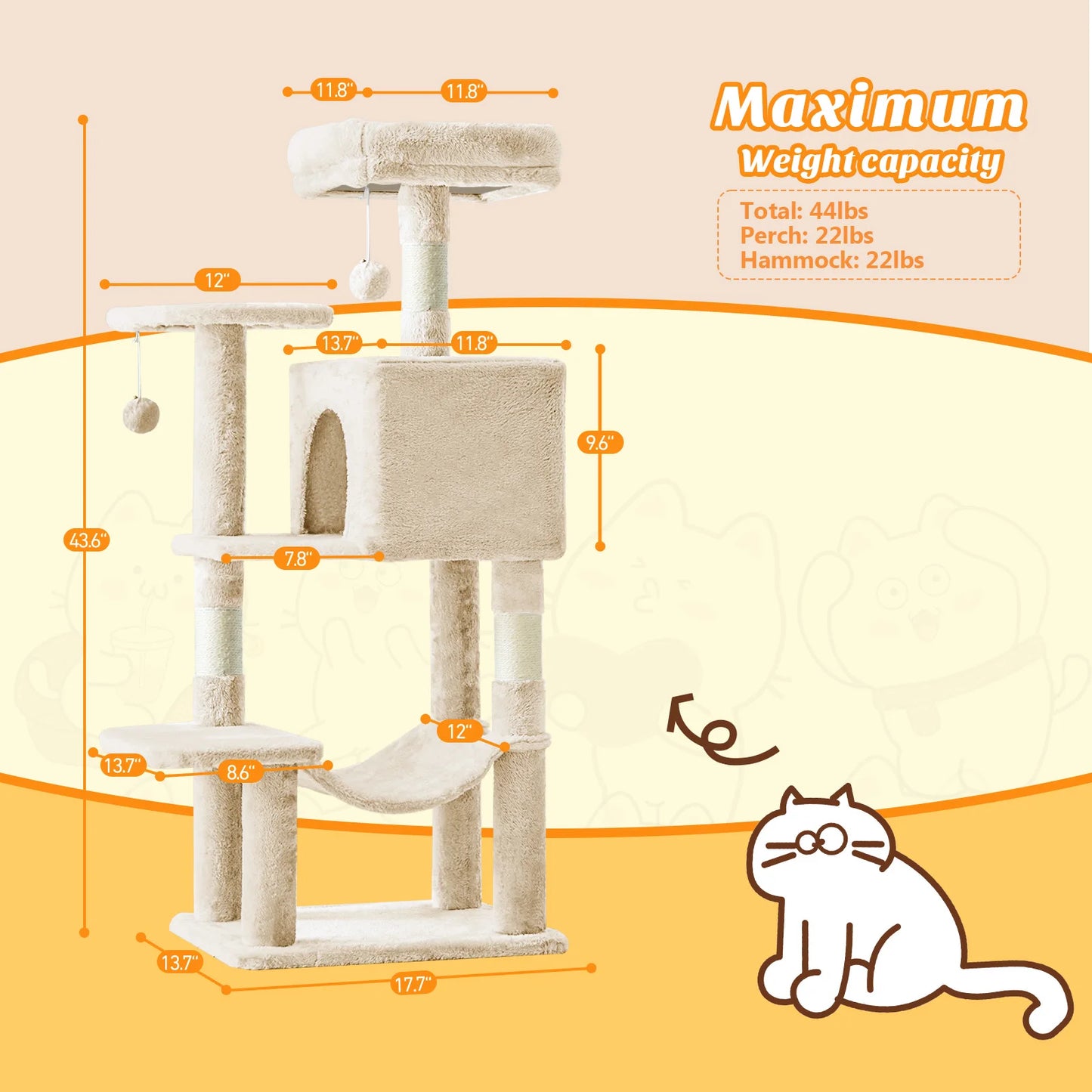44IN Cat Tree Tower, Cat Climbing Tower with Natural Sisal Scratching Posts, Pet Condo for Indoor Cats and Kittens Play