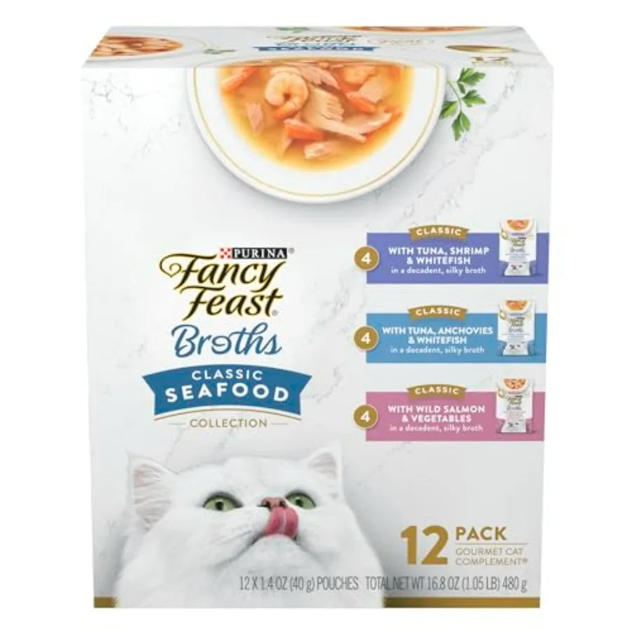 Fancy Feast Lickable Wet Cat Food Broth Complement Classics Collection Variety Pack - Pack of 12 1.4 oz. Pouches