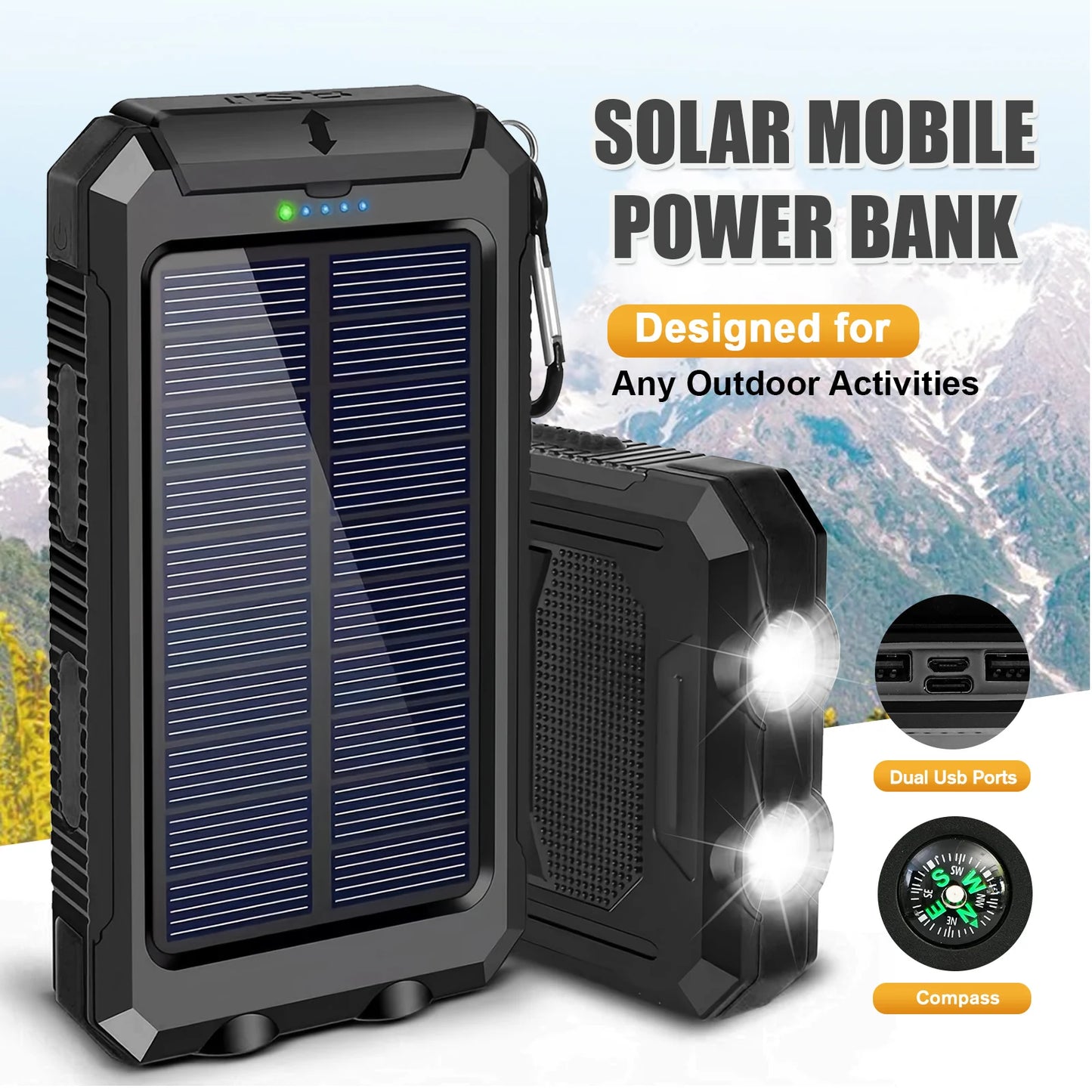 30000mAh Solar Power Bank Portable Charging Powerbank Dual 5V USB Ports 2 LED Light Flashlight for IPhones Outdoor Camping Hiking